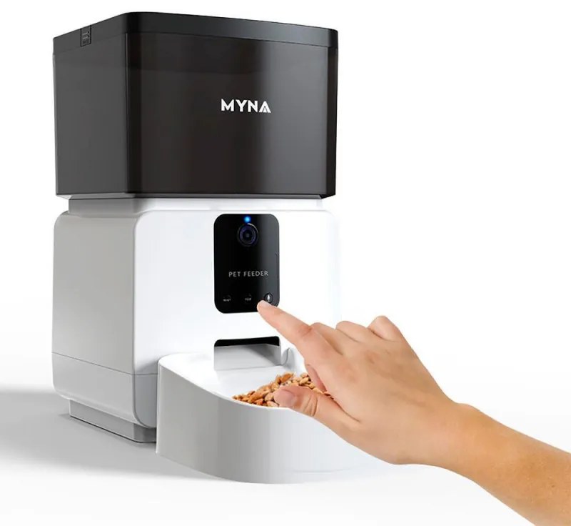 Автоматичен SMART диспенсър за храна за кучета и котки MYNA, 5 л, Камера, WiFi приложение, Заключване на бутони, Суха храна, Бял/черен