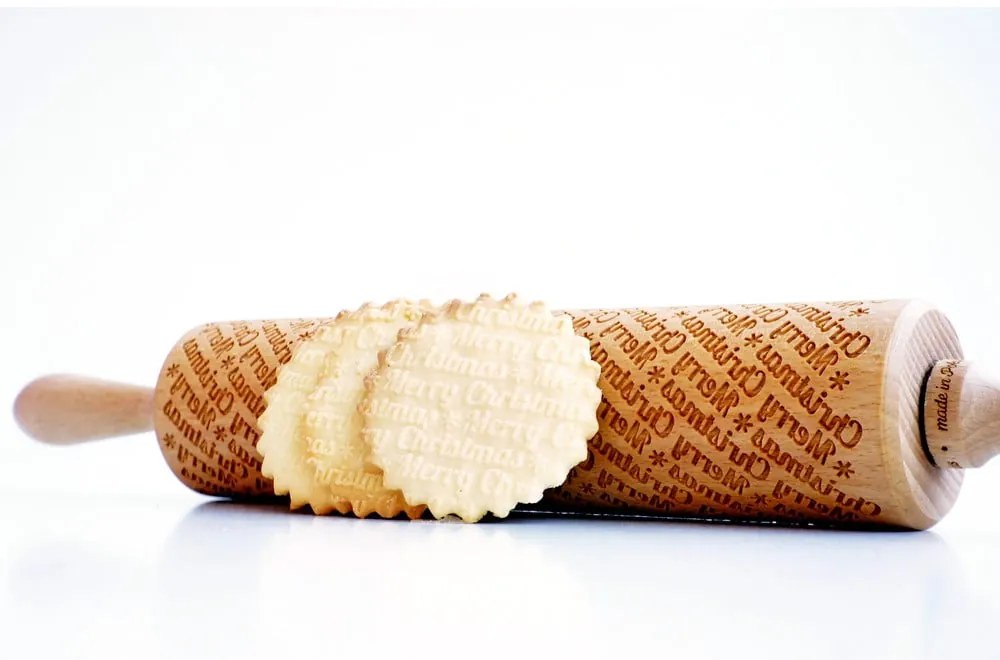 Дървен коледен релефен валяк за тесто с Merry Christmas - Valek