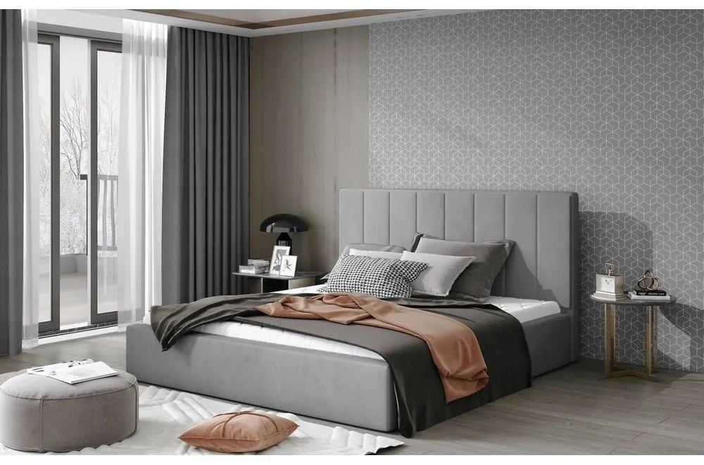 Сиво двойно легло 160x200 cm тапицирано с място за съхранение с включена подматрачна рамка Audrey – ELTAP