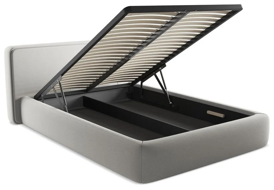 Светлосиво двойно тапицирано легло с място за съхранение и включена подматрачна рамка 140x200 cm Kiana – Makamii