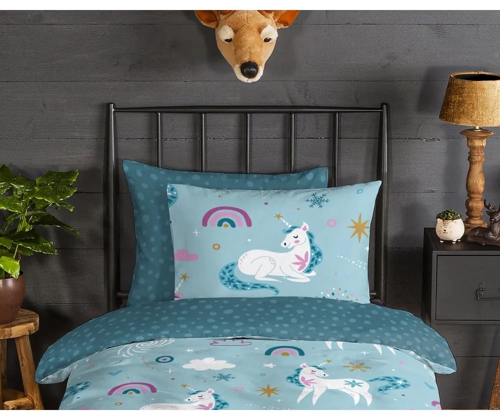 Синьо единично удължено фланелено детско спално бельо 140x220 cm Snowycorn – Good Morning