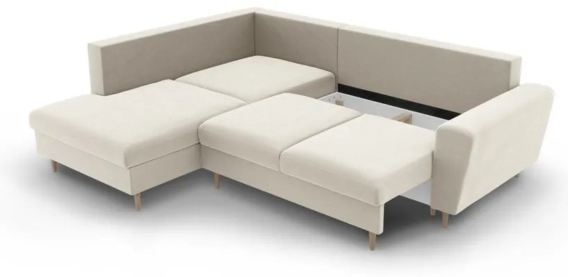 Бежов кадифен разтегателен ъглов диван с място за съхранение (ляв ъгъл/L форма) Kyoto – Cosmopolitan Design