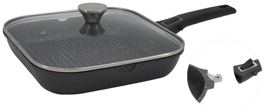 Грил тиган с капак и махаща се дръжка ZEPHYR ZP 4316 28NC, 28 см, Мраморно покритие, Индукция, Черен
