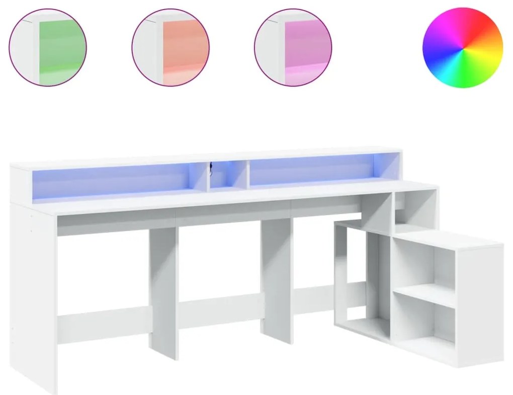 3309465 vidaXL Бюро с LED осветление, бяло, 200x104x91 см, инженерно дърво