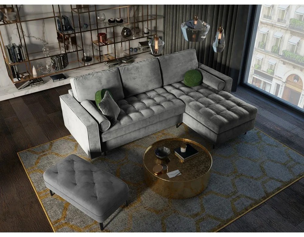 Светлосиво кадифено ъглово канапе, десен ъгъл Santo - Milo Casa