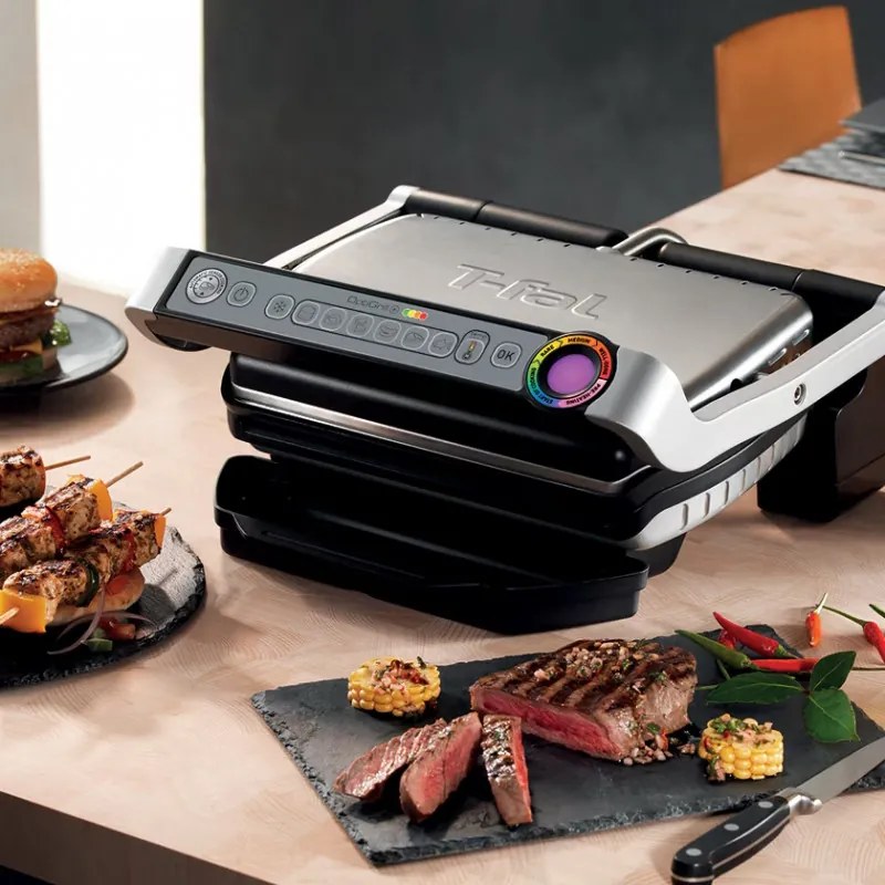 Електрическа скара Tefal OptiGrill+ Waffles GC716D12, 2000W, 6 програми, Тефлоново незалепващо покритие, Плочи за гофрети, Температурен контрол, Max 275C, Инокс