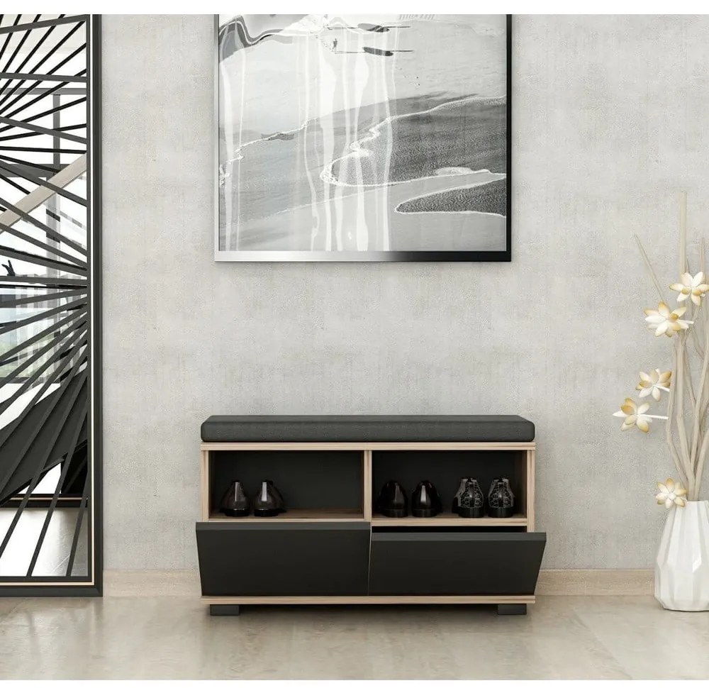 Стелаж за обувки с пейка от орех в черен и естествен цвят Drago - Kalune Design