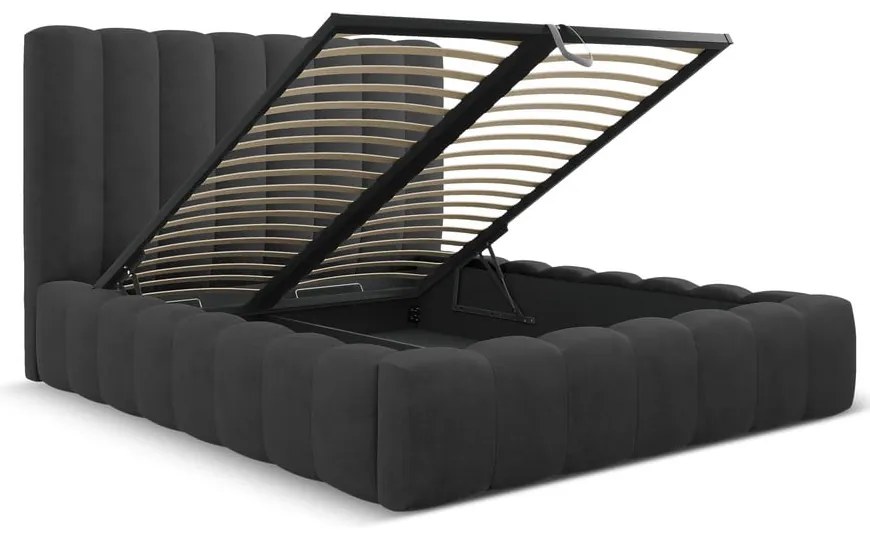 Антрацитно тапицирано двойно легло с място за съхранение с включена подматрачна рамка 200x200 cm Kelp – Micadoni Home