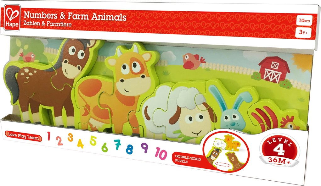 Hape - Дървен пъзел Животните от фермата и цифри H1628