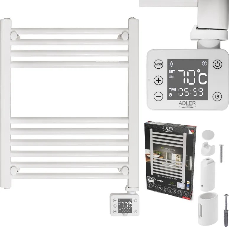 Лира за баня Adler AD 7823, 400W, 10 нагревателни ленти, LED контролер панел, Енергоспестяващ режим, IP24, Бял