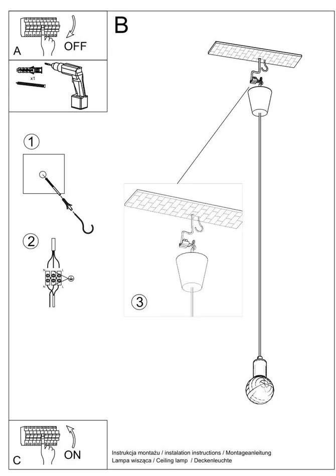 Сива висяща лампа ø 5 cm Rene - Sollux