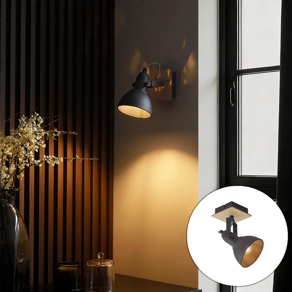 Индустриален прожектор черен с дърво, въртящ се и накланящ се - Jakub