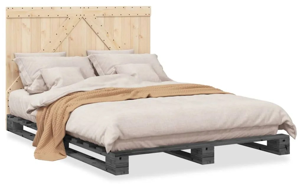 3281564 vidaXL Рамка за легло с табла, сива, 140х200 см, бор масив