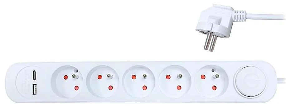 Solight PP152USBC - удължител 5 гнезда + 2xUSB, 3м, бял, с ключ