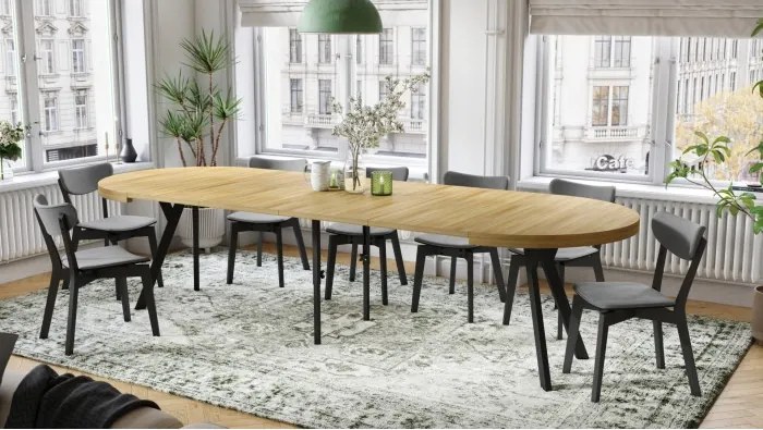 ЕКСПАНСО Американски дъб/черни крака - ГОЛЯМА КРЪГЛА МАСА Ø110 РАЗТЕГАТЕЛНА ДО 310 cm С КРАКА Y ЛОФТ/ИНДУСТРИАЛНА