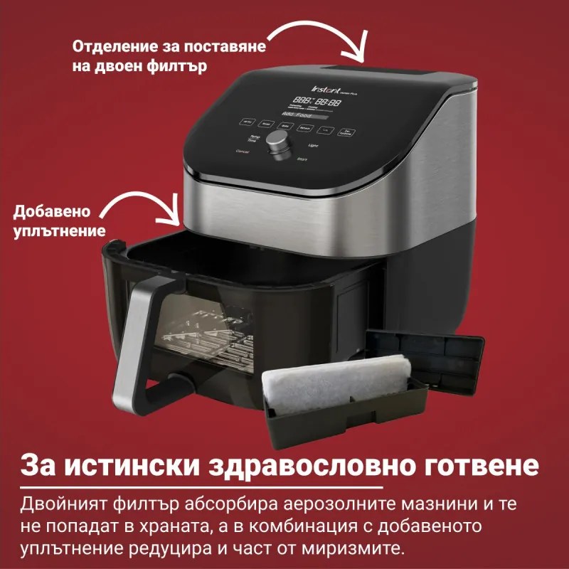 Фритюрник с горещ въздух Instant Pot Vortex Plus Clearcook 140319601, 1700W, 5.7 л, 6 програми, 35-205C, Вътрешно осветление, Бял