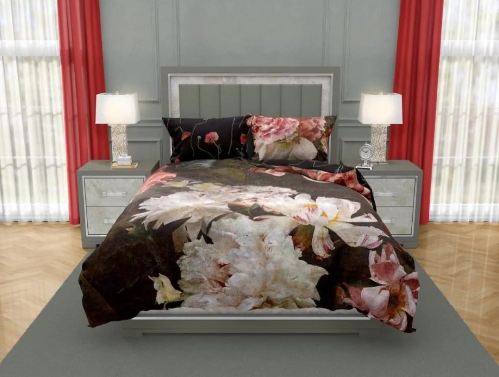 Чаршафи с памучен сатен - божур на тъмен фон 2 части: 1 бр. 140x200 + 1 бр. 70x80