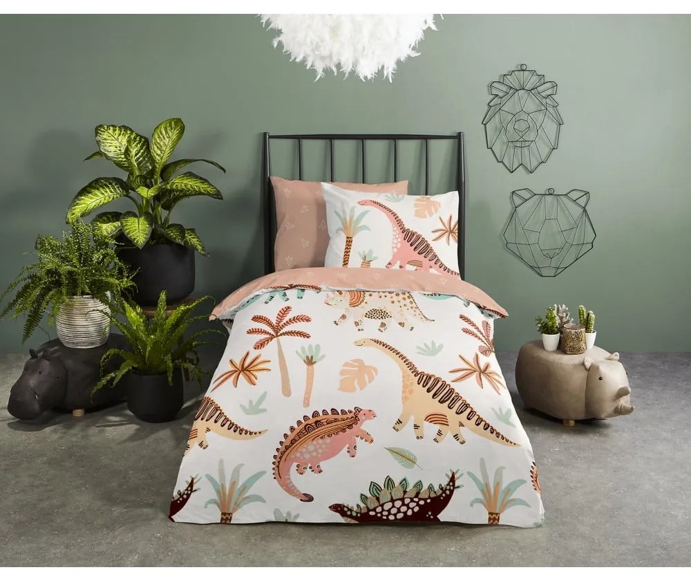 Кафяво-бежово памучно детско спално бельо за детско креватче 100x135 cm Dino – Good Morning