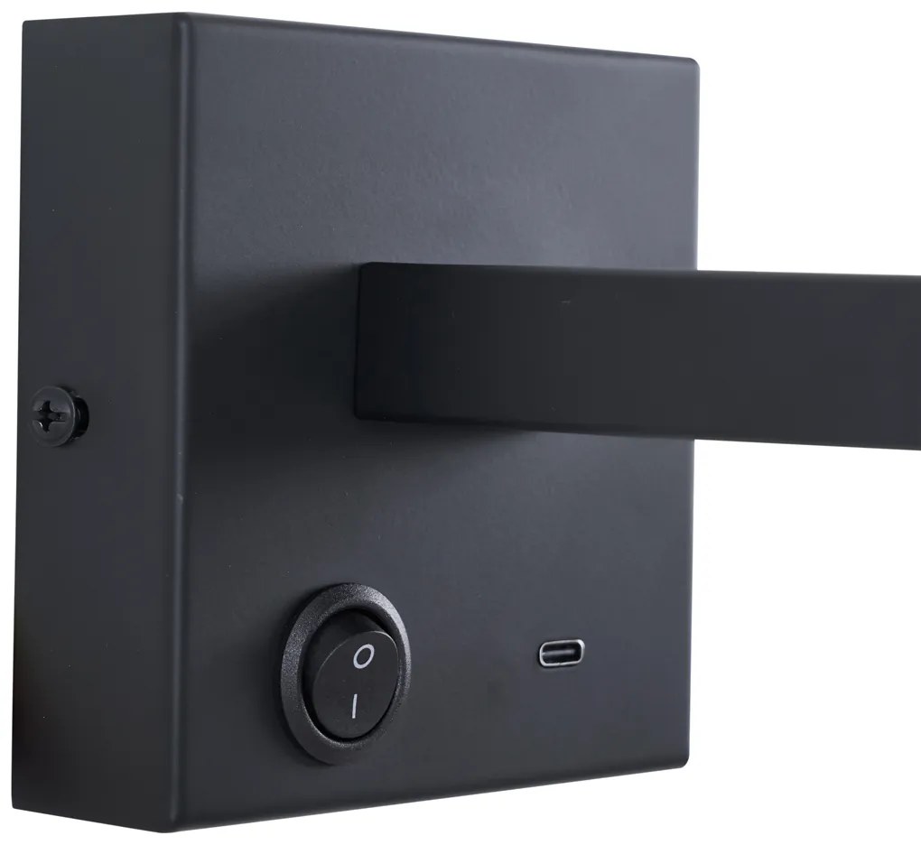 Модерна черна стенна лампа с USB-C, накланяща се - Rex