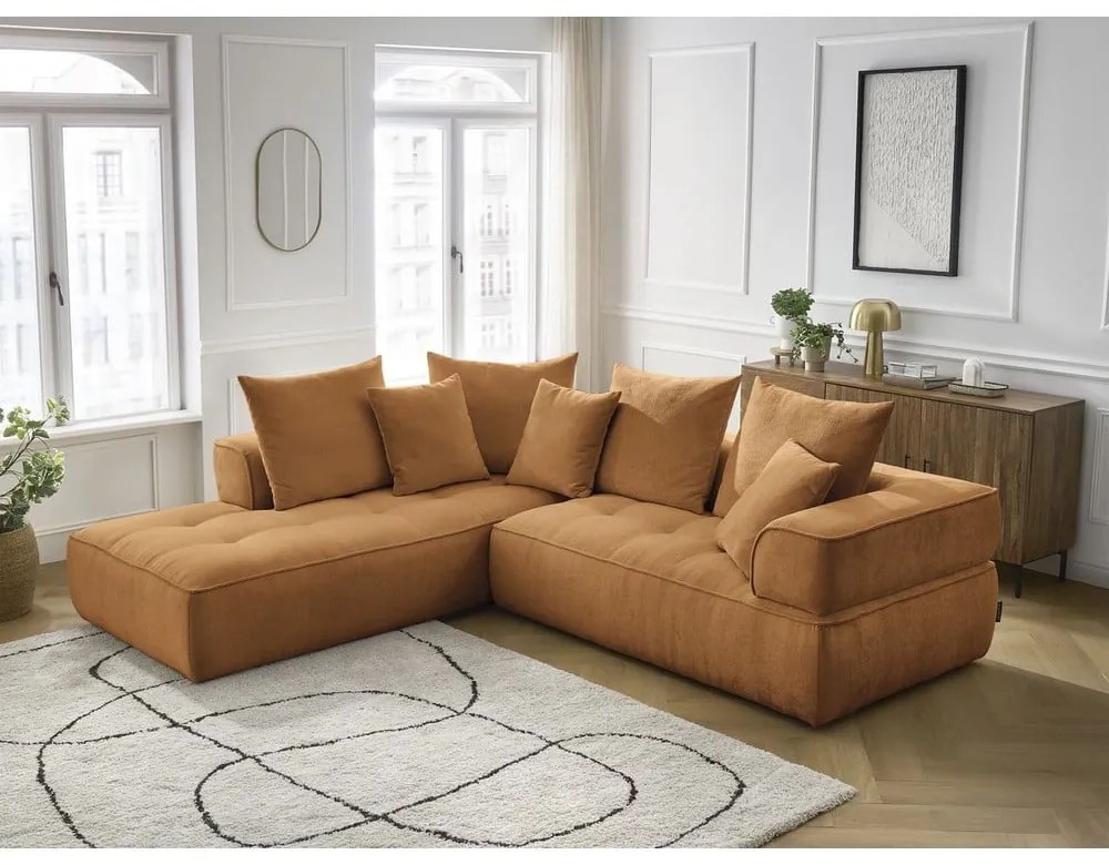 Шенилов ъглов диван в цвят горчица (ляв ъгъл/L форма) Whesley – Bobochic Paris