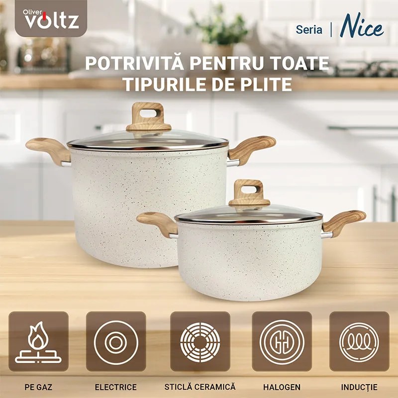 Тенджера Voltz Nice OV54418E24D, 24x15 см, 6.5 л, Мраморно покритие, Индукция, Кремав меланж