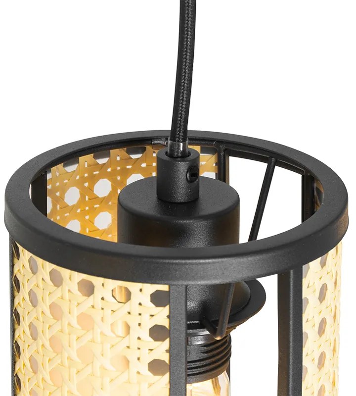 Ориенталски висящ аплик черен с ратан 3-светлина продълговат - Akira