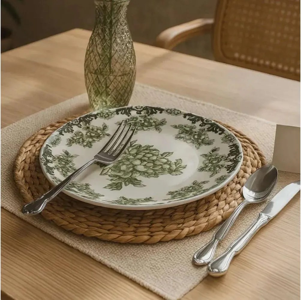 Комплект за хранене, 24 части, бял/зелен, порцелан