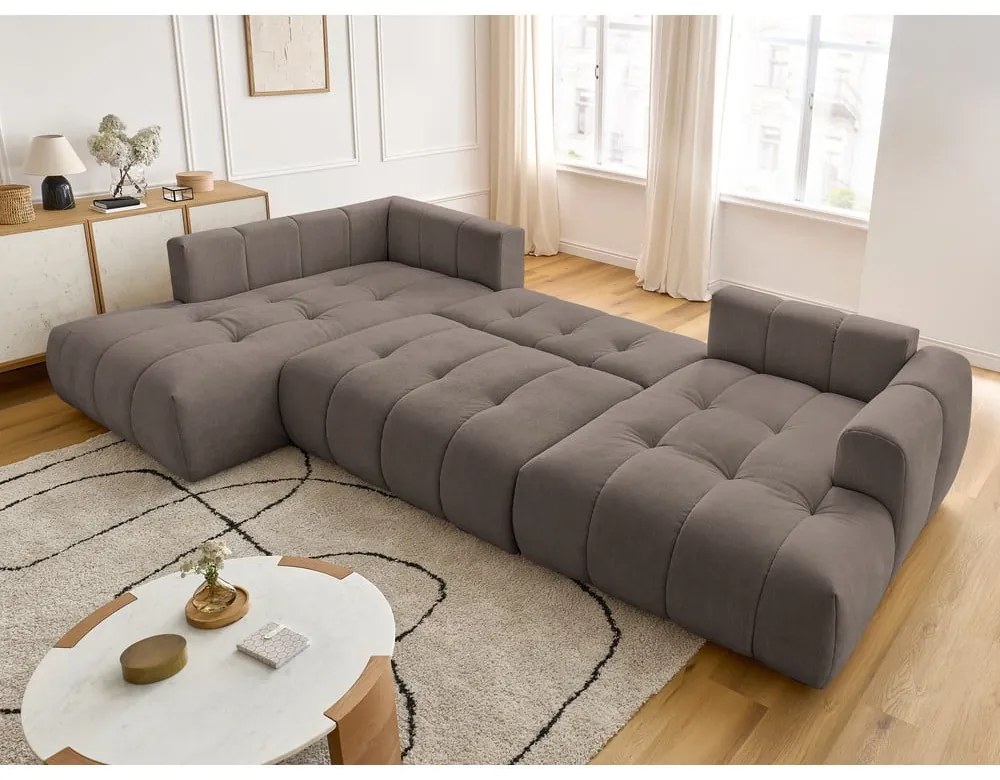 Кафяво-сив сгъваем/с място за съхранение ъглов диван (ляв ъгъл/U форма) Fuji – Bobochic Paris