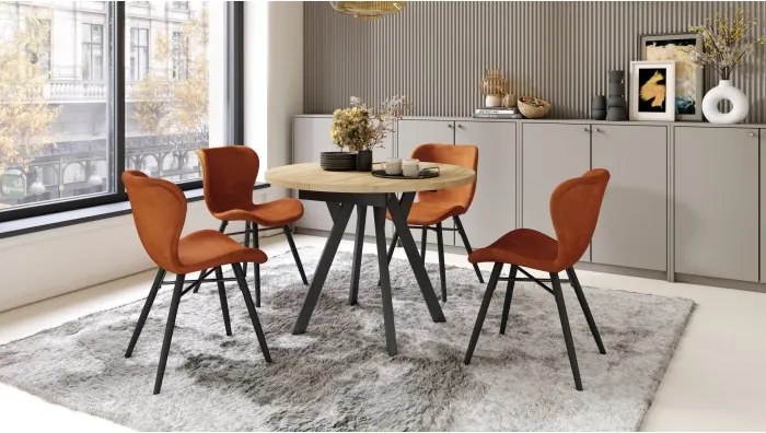 АЛМО Дъб Крафт злато/черни крака - КРЪГЛА РАЗТЕГАТЕЛНА МАСА С Y-ОБРАЗНИ КРАКА В ЛОФТ/ИНДУСТРИАЛЕН СТИЛ ЗА ХОЛ ИЛИ ТРАПЕЗАРИЯ