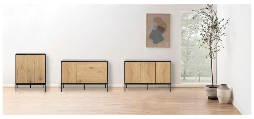 Черен/естествен висок скрин от декор от дъб 80x103 cm Seaford – Actona