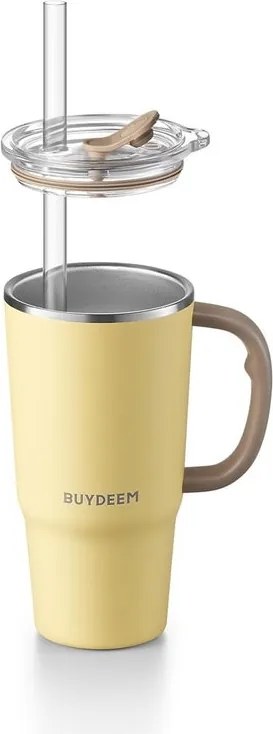 Термочаша с вградена сламка Buydeem DS57-MY, 700 мл, Топло&студено до 6 ч, Вакуумна изолация, Дръжка, Неръждаема стомана, BPA free, Жълт