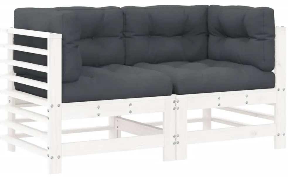 825682 vidaXL Ъглови дивани с възглавници, 2 бр, бели, борово дърво масив