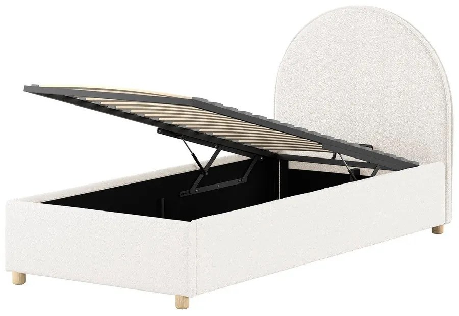 Бяло тапицирано единично легло с място за съхранение с включена подматрачна рамка 90x200 cm Moon – Vipack