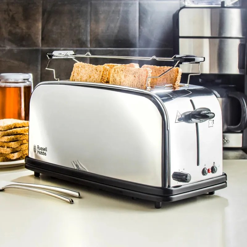 Тостер Russell Hobbs Adventure 23610-56, 1600 W, За 4 филийки, 6 степени, Perfect Toast система за равномерно изпичане, Затопляне, Инокс