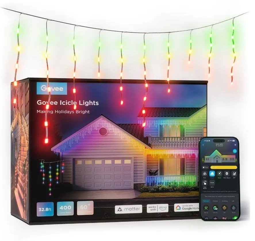 Govee - LED RGBIC Екстериорни лампички Интелигентен ледени висулки 10m Wi-Fi Matter IP65