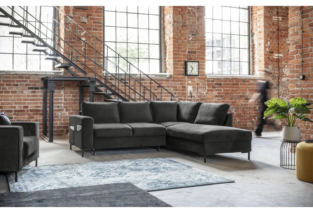 Тъмносив кадифен разтегателен ъглов диван (десен ъгъл) Lofty Lilly – Miuform