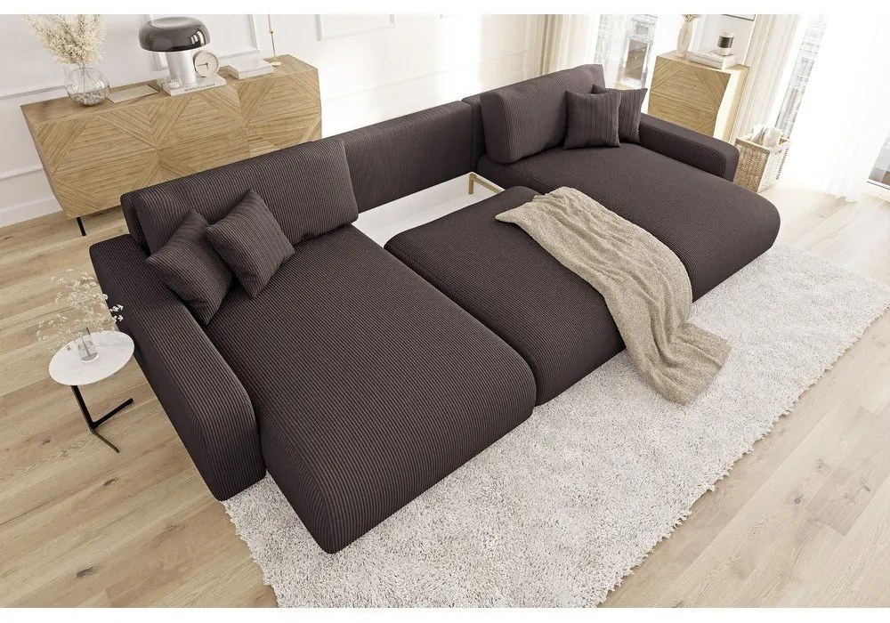 Кафяв ъглов диван с място за съхранение от рипсено кадифе Sara – Ropez