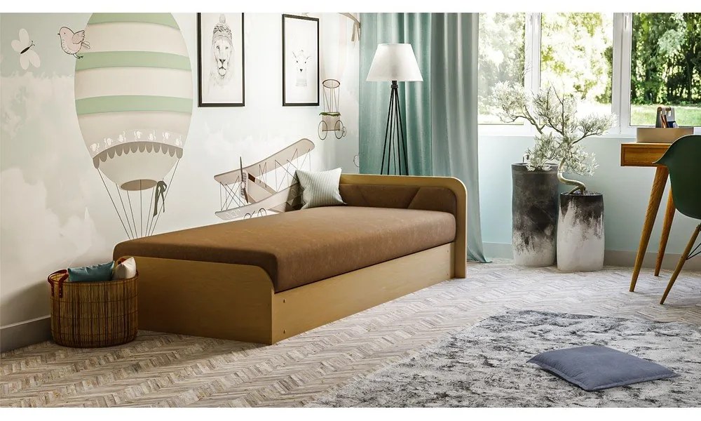 Единично тапицирано легло ПДЧ с място за съхранение с включен матрак в цвят жълта охра кафяво 80x190 cm Parys – ELTAP