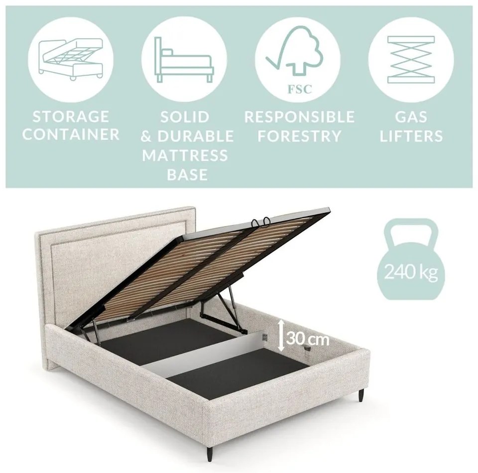 Кремаво тапицирано двойно легло с място за съхранение с включена подматрачна рамка 160x200 cm Baleine – Maison de Rêve
