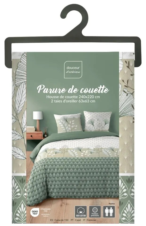 Бяло/зелено двойно удължено памучно спално бельо 240x220 cm Poetine – douceur d'intérieur