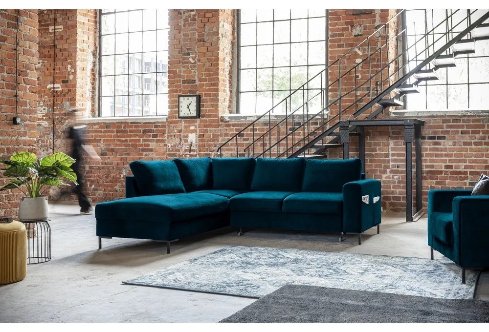 Тюркоаз кадифен разтегателен ъглов диван (ляв ъгъл) Lofty Lilly – Miuform
