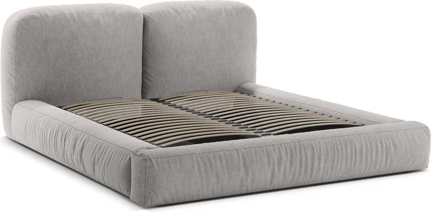 Светлосиво тапицирано двойно легло с място за съхранение и включена подматрачна рамка 160x200 cm Martina – Micadoni
