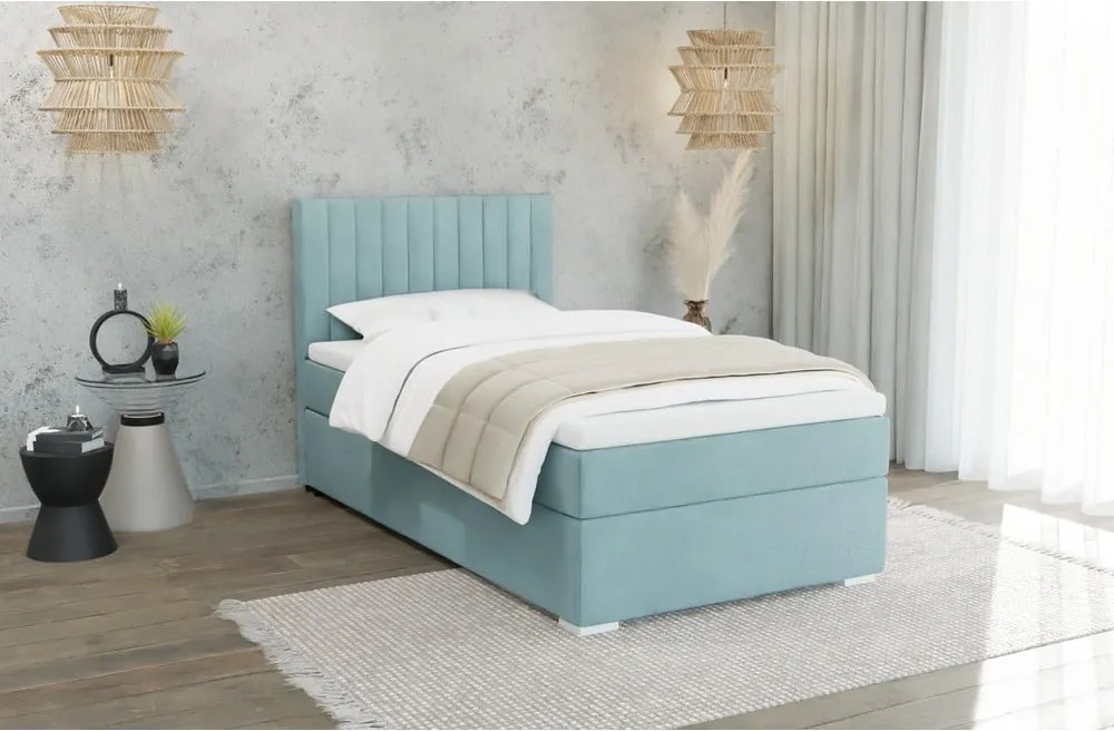 Светлосиньо единично тапицирано легло с място за съхранение с включена подматрачна рамка 100x200 cm Bunny – Ropez