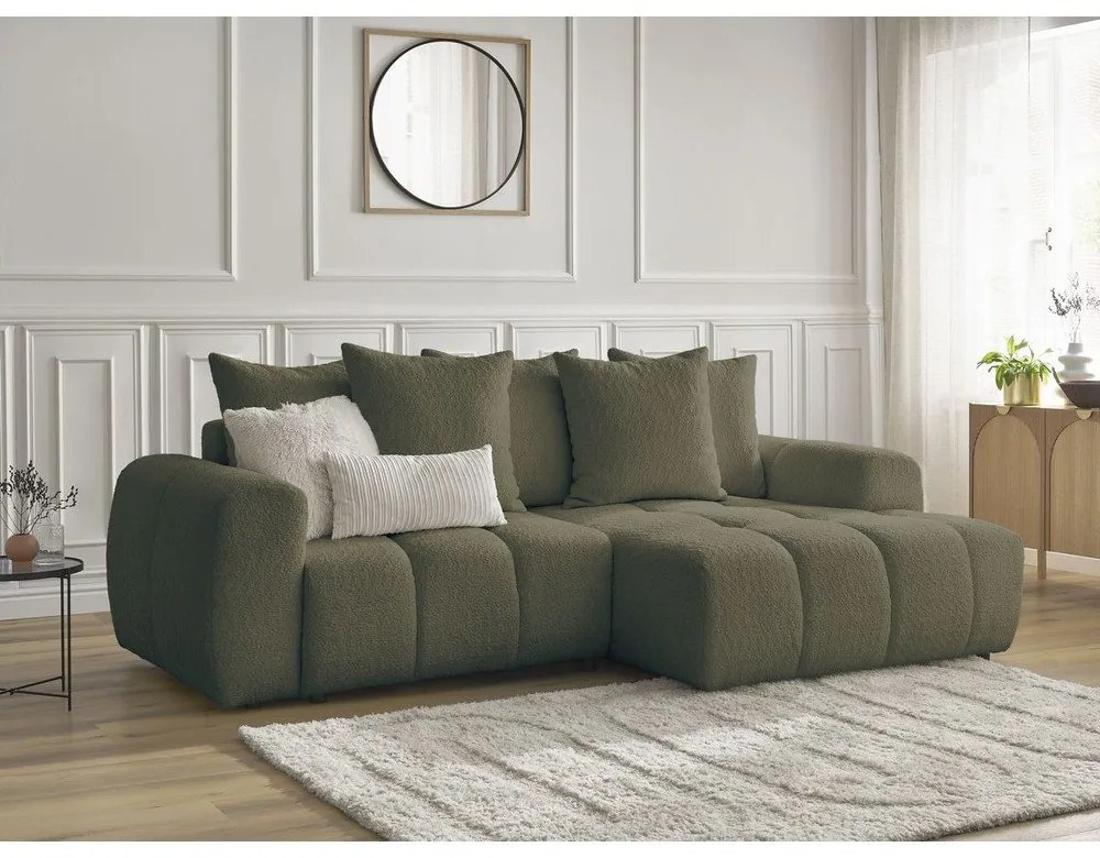 Сгъваем ъглов диван с място за съхранение от букле в цвят каки (десен ъгъл) Roxelane – Bobochic Paris