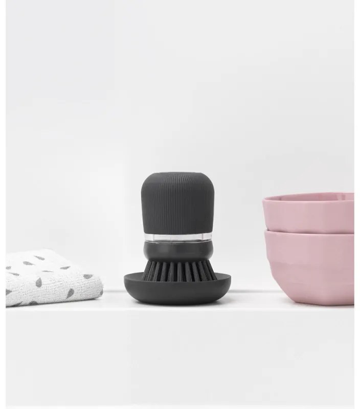 Дозатор за течен сапун с четка за миене на съдове Brabantia Sinkside 1003317, 100 мл, Полиестерни четчици, Поставка, Тъмносив