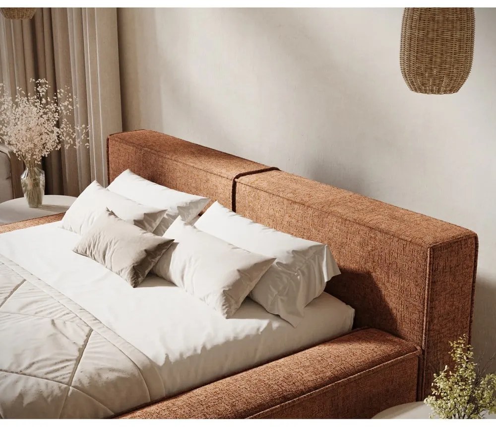 Оранжево двойно легло 140x200 cm тапицирано с място за съхранение с включена подматрачна рамка Voliera – Maison de Rêve