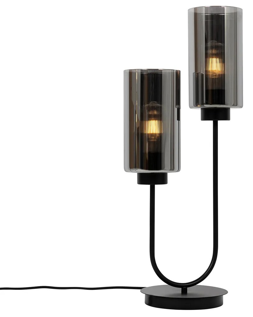 Арт Деко настолна лампа черна с димно стъкло 2-светлина - Laura