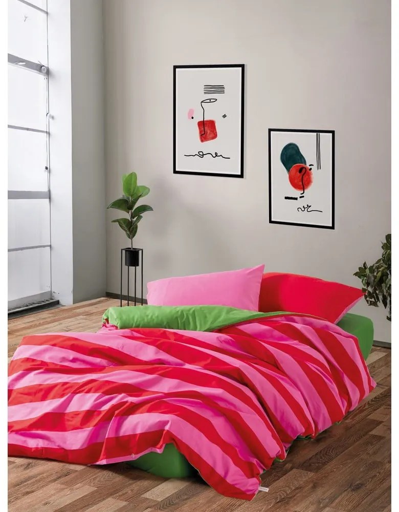 Зелено-розово двойно удължено спално бельо от памук Renforcé с включен долен чаршаф, 4 части 200x220 cm Cherie – Mijolnir