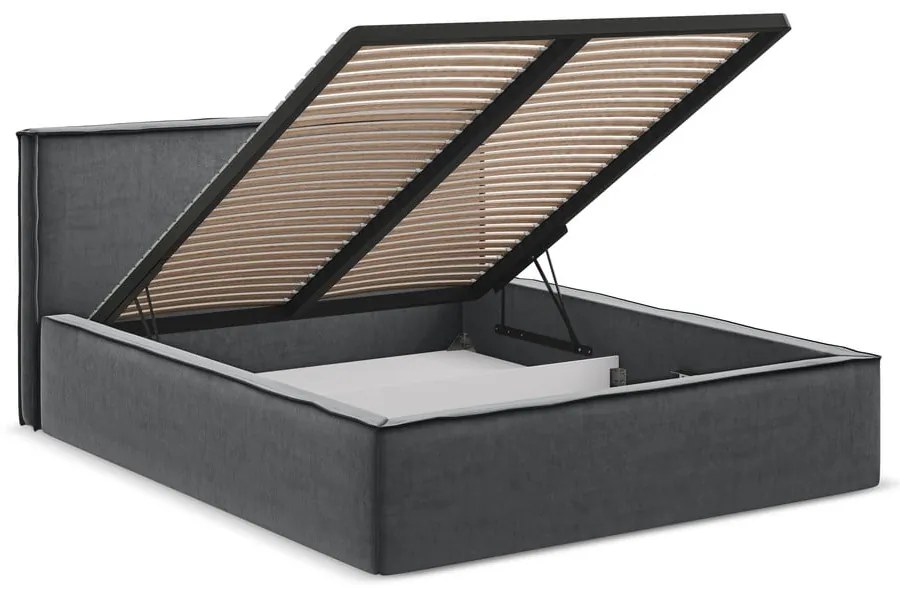 Тъмносиво двойно тапицирано легло с място за съхранение и включена подматрачна рамка 180x200 cm Anani – Makamii
