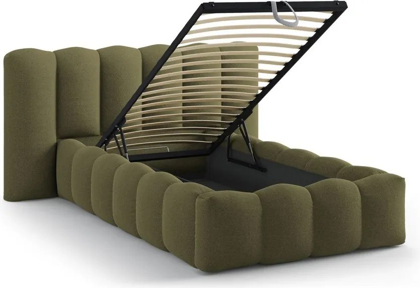 Единично легло 90x200 cm тапицирано с място за съхранение с включена подматрачна рамка в цвят каки Lupine – Micadoni